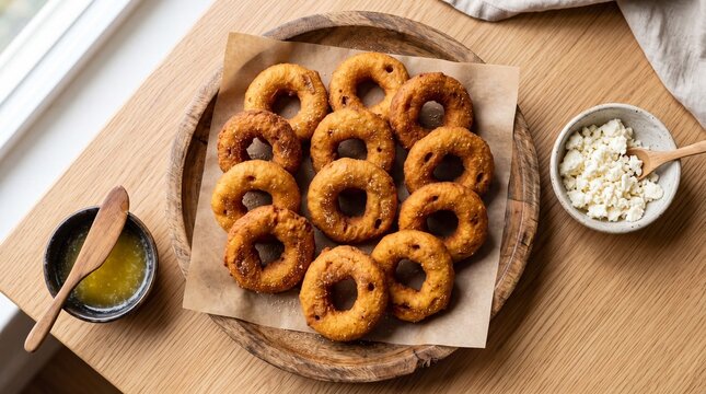 Venezuelan Mandocas Fried Cornmeal and Ripe Plantain Rings Served with Melted Butter and Crumbled White Cheese, Top View