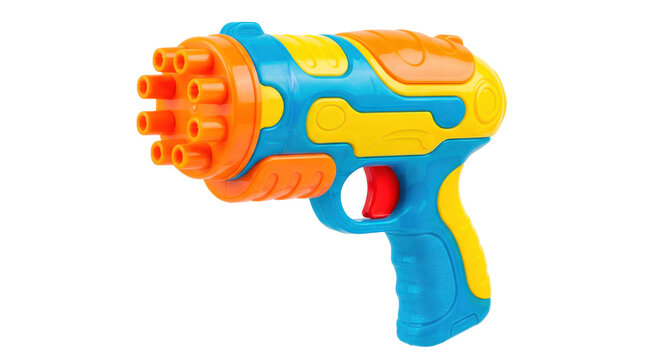 Bubble gun toy with bright pistol-shaped plastic body, several circular bubble openings across the front, ergonomic trigger grip, and playful children's outdoor toy styling. Photorealistic, front 3/4