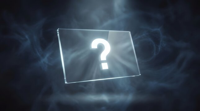 A Glowing White Question Mark Floating Inside A Transparent Glass Rectangular Panel