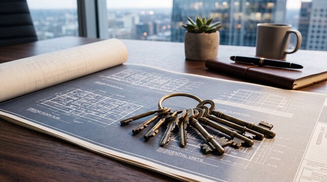 Brass keys resting on architectural blueprints on a modern office desk with city skyline background