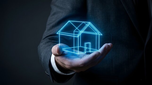A business person holding a glowing neon wireframe house in their hand