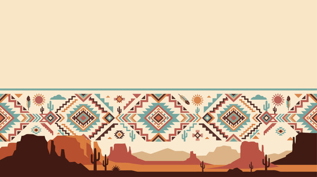 American Indian Heritage Month Southwestern Desert Landscape Background with Geometric Cultural Border