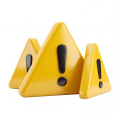 Obraz premium Three 3D glossy yellow warning triangle signs with black exclamation marks isolated on white background, representing alert, caution, system error, notification, and security hazard symbols.