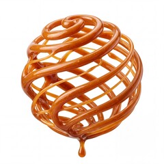 Obraz premium Abstract 3D Render of a Spherical Cage Formed by Glossy Liquid Caramel or Golden Honey Syrup with a Single Drip at the Bottom, Isolated on White Background for Sweet Dessert Graphic Design