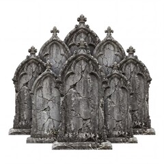 Obraz premium Group of weathered and cracked gothic stone tombstones with fleur-de-lis ornaments isolated on white background, antique cemetery headstones for halloween or spooky horror design concepts.