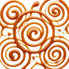 Obraz premium Golden caramel sauce syrup drizzled in artistic spiral and swirl patterns on a white background, isolated top view of sweet liquid topping for food design and dessert decoration.