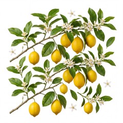 Obraz premium Fresh Lemon Tree Branches with Ripe Yellow Citrus Fruits Green Leaves and Fragrant White Blossoms Isolated on White Background for Botanical Design and Food Packaging Concepts