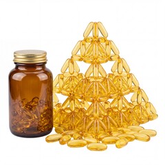 Obraz premium Creative arrangement of yellow omega-3 fish oil softgel capsules built into a large pyramid structure next to an amber glass supplement bottle with a gold cap, isolated on white background for health.