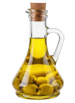 Glass cruet of extra virgin olive oil with green olives isolated on white background