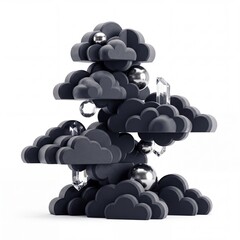 Obraz premium Atmospheric 3D Abstract Composition Featuring Stylized Dark Gray Cloud Layers Arranged Like a Bonsai Tree with Metallic Silver Spheres and Clear Glass Crystal Shards on a Pure White Background
