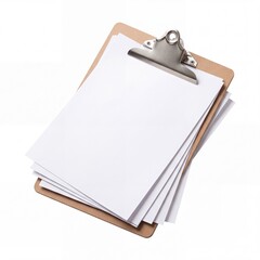 Obraz premium Blank White Stack of Papers Attached to a Wooden Clipboard with Silver Metal Clip Isolated on Plain White Background, Perfect for Business Office Documentation, Medical Checklists, or Surveys.
