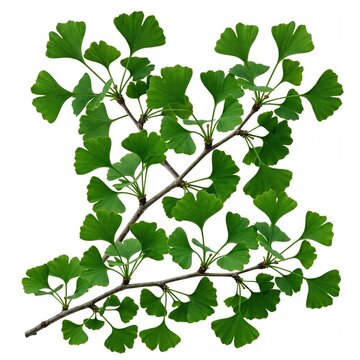 Vibrant Green Ginkgo Biloba Leaves on Branches Isolated on Pure White Background, Natural Maidenhair Tree Foliage for Botanical, Herbal Medicine, and Wellness Industry Design Projects.