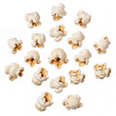 Obraz premium Scattered Popped Popcorn Kernels Floating on a Pure White Background, High Quality Studio Shot of Crunchy Salty Snacks for Cinema Movie Night, Bulk Food Concept with Individual Fluffy Pieces