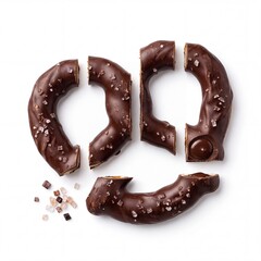 Obraz premium Creative Composition of a Broken Euro Currency Symbol Made of Chocolate Covered Pretzels with Sea Salt, Concept for Economic Crisis or Financial Food Industry Isolated on White Background