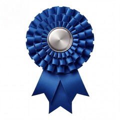 Obraz premium Blue Award Ribbon Rosette with Blank Silver Medal Center for Success and Achievement, Isolated on White Background for First Place Victory Celebration and Competition Winner Recognition