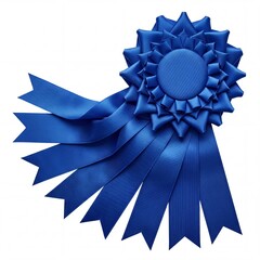 Obraz premium Blue Satin Prize Ribbon Rosette with Multiple Long Tails Isolated on White Background, Award for Winning First Place, Competition Success Achievement Symbol and Victory Recognition Badge
