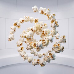 Obraz premium Dynamic Spiral of Freshly Popped Corn Kernels Floating in Mid-Air against a Minimalist White Studio Background, Conceptual Food Art Perfect for Cinema, Snack Advertising, and Brand Promotion