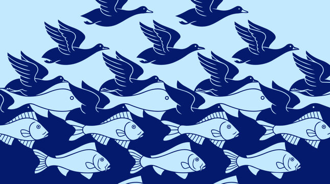 Escher Style Tessellation Pattern with Birds and Fish, Blue Geese Transforming into Fish Optical Illusion Illustration