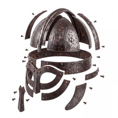 Obraz premium Detailed Exploded View of an Ancient Rusty Viking Helmet Showing Individual Iron Plates, Rivets, and Ornate Eye Guards Isolated on White Background for Historical Restoration or Educational Use