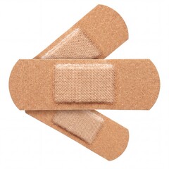 Obraz premium Three adhesive fabric bandages arranged in a stack, flexible tan medical plasters for wound care and first aid treatment, isolated on a white background, essential healthcare supplies for injuries.