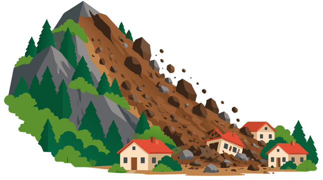 Dramatic vector illustration of a devastating landslide with soil, mud and boulders sliding down steep mountain slope burying houses in village surrounded by forest, natural disaster concept