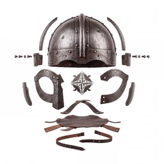 Obraz premium Exploded View of a Medieval Viking Spectacle Helmet with Metal Plates and Leather Straps, Deconstructed Historical Nordic Warrior Armor Elements Isolated on White Background for Education