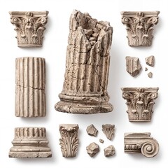 Obraz premium Set of ancient Greek and Roman architectural elements including Corinthian capitals, fluted column shafts, and stone fragments isolated on a white background for classical history and design.