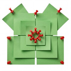 Obraz premium Symmetric Composition of Green Sticky Notes and Red Push Pins Arranged in a Layered Geometric Pattern on White Background for Business Planning, Creativity, and Organizational Concepts