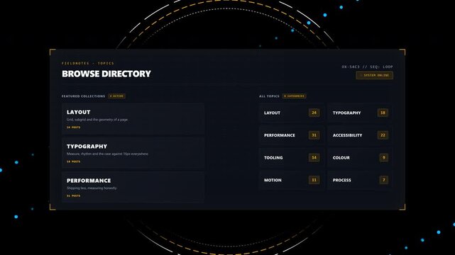 Premium 4K UI animation featuring a futuristic topic browser. Perfect looping scrolling items, smooth highlighting, and holographic glow effects using native JS requestAnimationFrame.