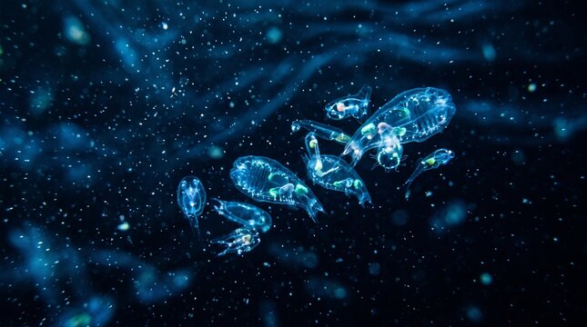 Translucent plankton and bioluminescent zooplankton glowing in deep blue ocean water under microscopic view