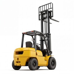 Obraz premium Industrial Yellow Forklift Truck with Raised Mast Isolated on White Background, Heavy Duty Warehouse Machinery for Logistic Material Handling and Cargo Loading Operations, Rear View Stacker