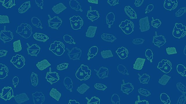Japanese izakaya doodle pattern: beer mug, edamame, ramen, onigiri, popsicle. Seamless loop with stop motion flicker effect, teal on blue.