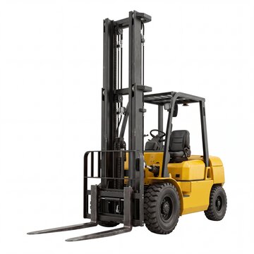 Industrial Yellow Forklift Truck Isolated on White Background for Logistics and Warehouse Management, Heavy Duty Lifting Equipment for Freight Transport, Distribution, and Industrial Cargo Handling.