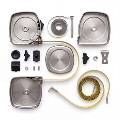 Obraz premium Disassembled Tape Measure Components Arranged in Knolling Style on White Background, Internal Parts of a Measuring Tool for Engineering, Repair, and Industrial Design Concept