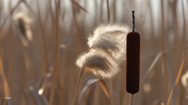 Cattail releasing seeds in the wind