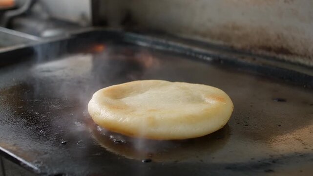 Arepa blistering on a hot griddle