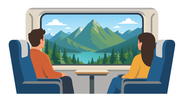 Two passengers seated in modern train carriage gazing out large window at breathtaking green alpine mountains, turquoise lake and pine forest landscape in bright bold flat vector illustration