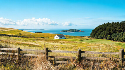 Fototapeta premium A sunny coastal landscape featuring a small white house, rolling grasslands, a dense forest, and a calm blue sea with a small island under a clear sky.