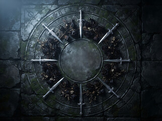 Obraz premium Mysterious Circular Arrangement of Ancient Swords on a Dark Mossy Stone Wall