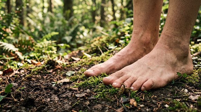 Close-up of bare feet walking on moss and dirt on a sunny forest ground. Grounding, earthing practices, holistic wellness, sensory therapy, nature immersion, barefoot hiking, and organic living.