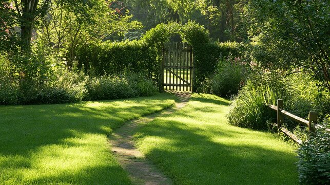 Worn grass path leading to old wooden gate in hedge, morning light, wooden fence