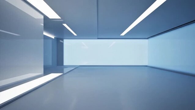 Modern minimalist empty office interior with bright white walls and sleek lighting.
