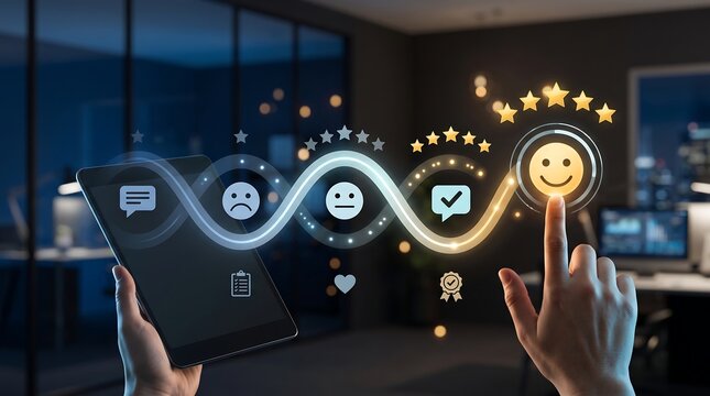 Business analyst using tablet to view holographic customer journey feedback interface with multiple emotion icons and five star rating scale for user experience research and analysis