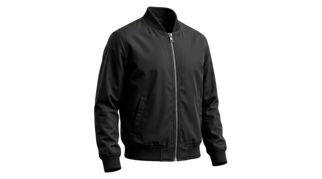 Black bomber jacket with ribbed collar, cuffs and hem, zip front and clean relaxed bomber silhouette, stylish premium outerwear, photorealistic, front 3/4 view, vertical orientation,