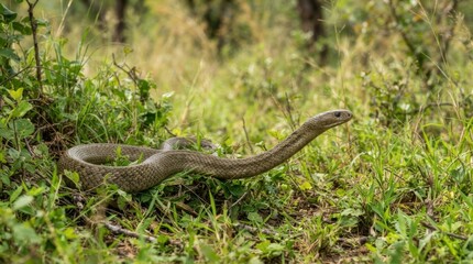 Obraz premium A wild brown snake slithering through the lush green grass of the African savanna landscape