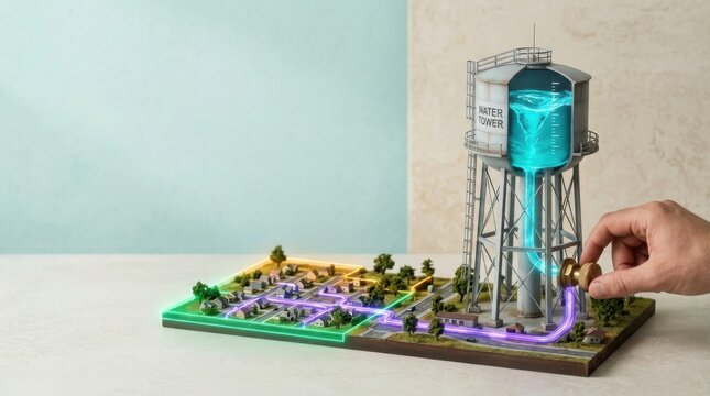 A hand holding a water tower representing urban water infrastructure with a realistic miniature design and functionality