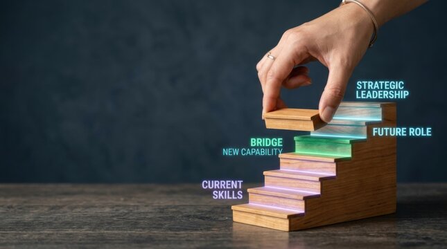 Individual?s hand reaching for a stack of books with the word strategic to visualize workforce skill
