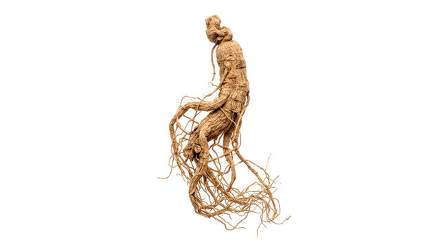Dried ginseng root with twisted beige body, branching rootlets and detailed fibrous herbal texture, traditional botanical ingredient, photorealistic, front 3/4 macro view, vertical orientation,