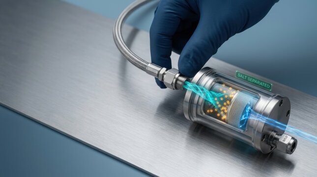Hand in glove adjusting blue light bulb to illustrate desalination process with miniature reverse-osmosis module