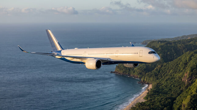 Commercial Airplane Flying Over Ocean and Tropical Coastline